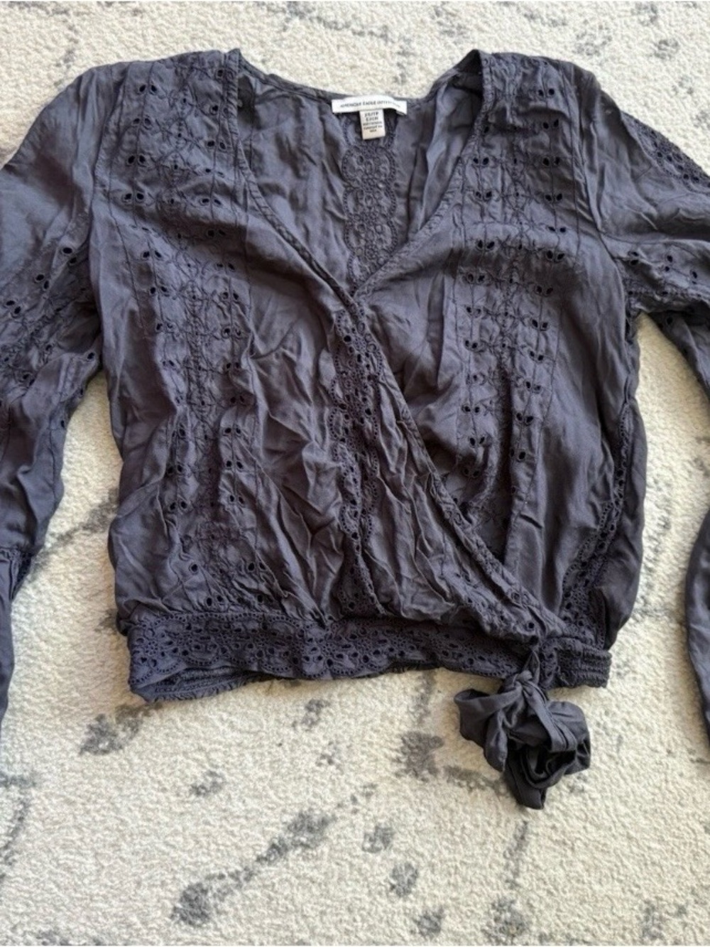 American Eagle Bohemian Eyelet Gray Wrap Semi Sheer Bell Sleeve Size XS